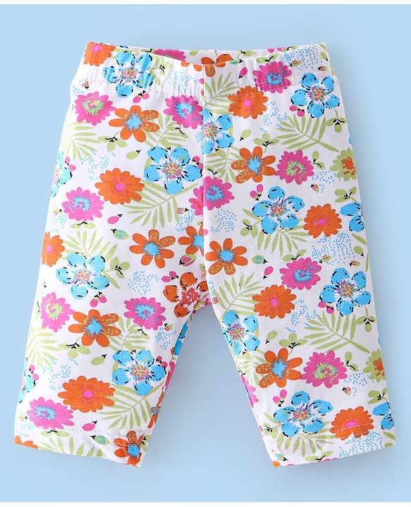 Babyhug Cotton Lycra Three Fourth Length Leggings Floral Print Pack Of 3- Red White & Pink