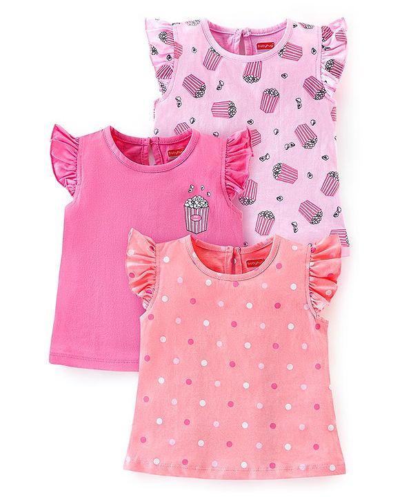 Babyhug 100% Cotton Frill Sleeves Tee With Popcorn & Dot Graphics Pack Of 3- Pink & Peach