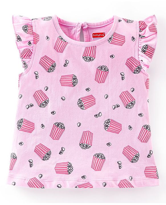 Babyhug 100% Cotton Frill Sleeves Tee With Popcorn & Dot Graphics Pack Of 3- Pink & Peach