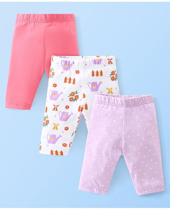 Babyhug Cotton Three Fourth Lycra Leggings Dot & Floral Print Pack Of 3- Pink White & Purple