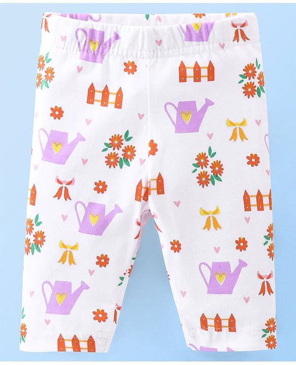Babyhug Cotton Three Fourth Lycra Leggings Dot & Floral Print Pack Of 3- Pink White & Purple