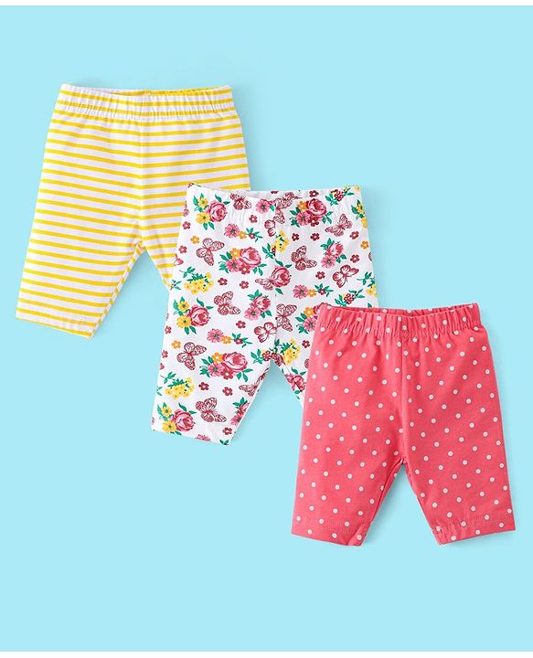 Babyhug Cotton Three Fourth Lycra Leggings Striped & Floral Print Pack Of 3- Yellow White & Pink