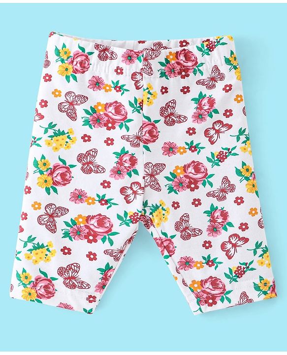 Babyhug Cotton Three Fourth Lycra Leggings Striped & Floral Print Pack Of 3- Yellow White & Pink