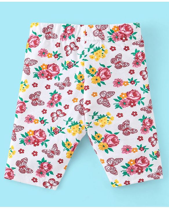 Babyhug Cotton Three Fourth Lycra Leggings Striped & Floral Print Pack Of 3- Yellow White & Pink