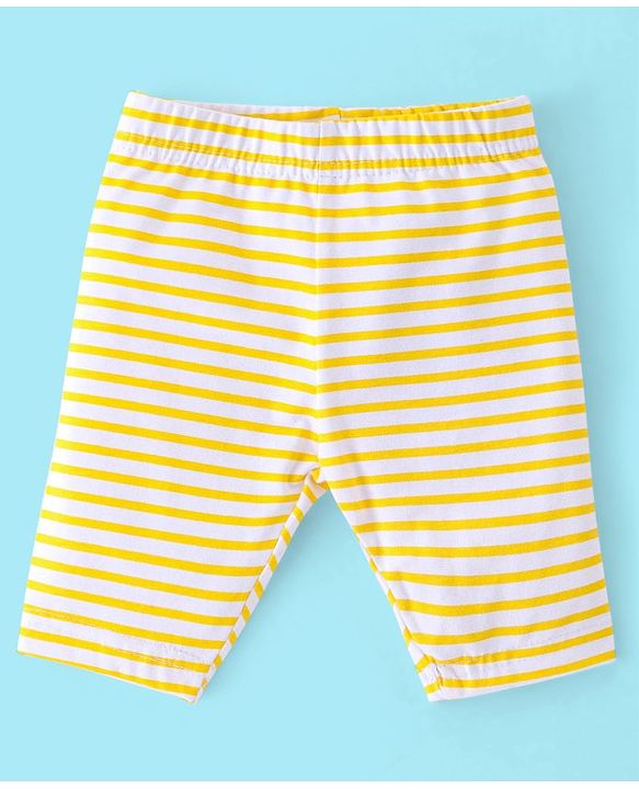 Babyhug Cotton Three Fourth Lycra Leggings Striped & Floral Print Pack Of 3- Yellow White & Pink