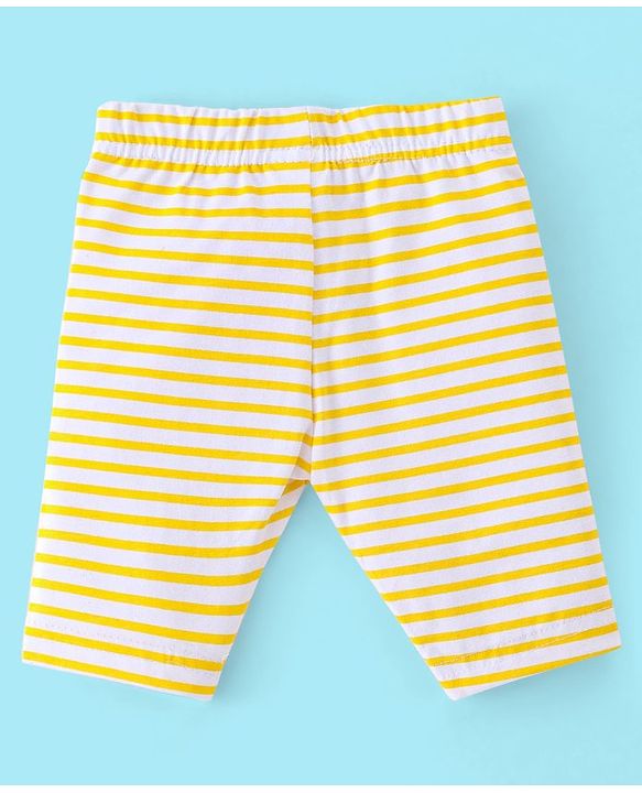 Babyhug Cotton Three Fourth Lycra Leggings Striped & Floral Print Pack Of 3- Yellow White & Pink