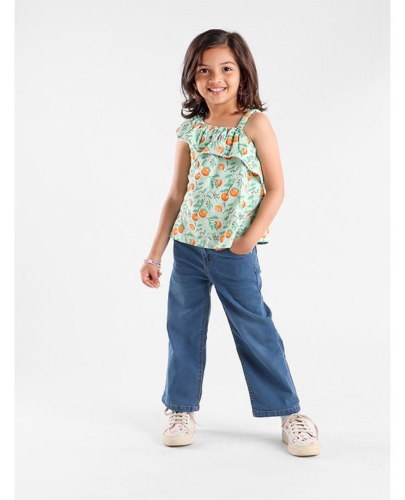 Babyhug 100% Cotton Knit Sleeveless Top with Ruffle Detailing & Fruity Print - Green