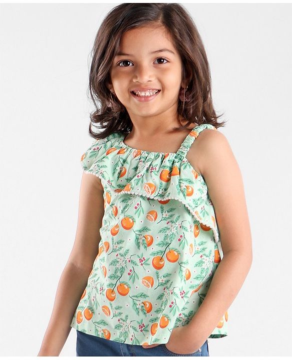 Babyhug 100% Cotton Knit Sleeveless Top with Ruffle Detailing & Fruity Print - Green
