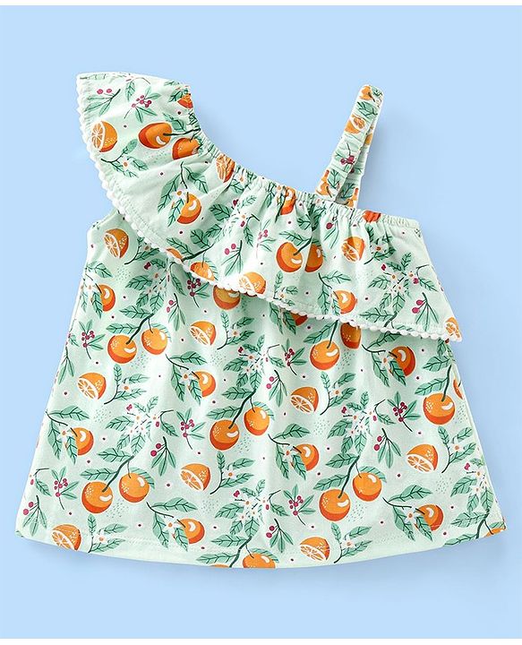 Babyhug 100% Cotton Knit Sleeveless Top with Ruffle Detailing & Fruity Print - Green