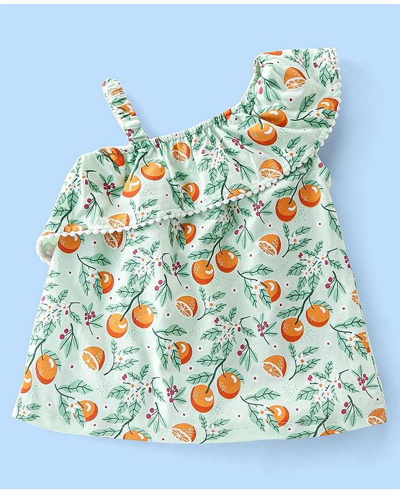 Babyhug 100% Cotton Knit Sleeveless Top with Ruffle Detailing & Fruity Print - Green
