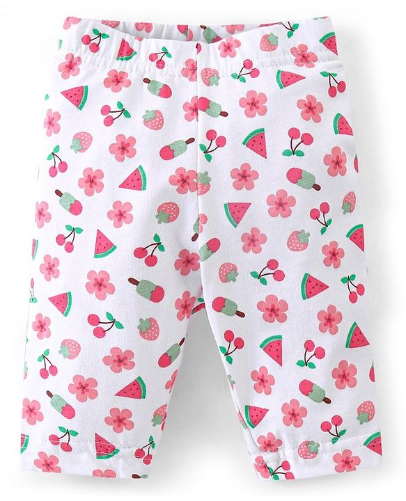 Babyhug Cotton Lycra Knit Capri Length Leggings Floral & Polka Dots Print Pack of 3 - Pink White & Turquoise