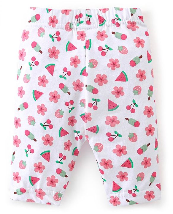 Babyhug Cotton Lycra Knit Capri Length Leggings Floral & Polka Dots Print Pack of 3 - Pink White & Turquoise