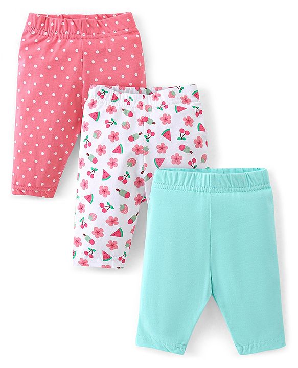 Babyhug Cotton Lycra Knit Capri Length Leggings Floral & Polka Dots Print Pack of 3 - Pink White & Turquoise