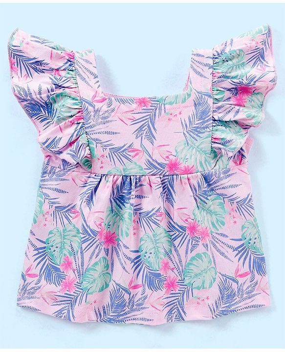 Babyhug 100% Cotton Knit Half Sleeves Tee with Frill Detailing Floral Print - Light Pink