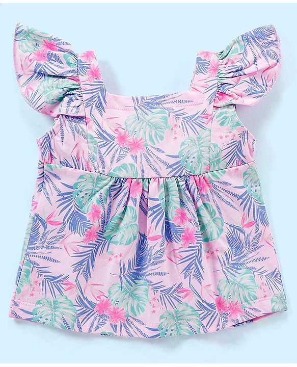 Babyhug 100% Cotton Knit Half Sleeves Tee with Frill Detailing Floral Print - Light Pink