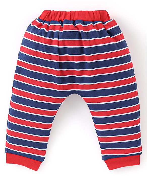 Babyhug Cotton Full Length Diaper Pants Stripes &  Text Print Pack Of 3- Red & Blue