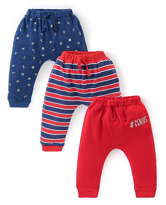 Babyhug Cotton Full Length Diaper Pants Stripes &  Text Print Pack Of 3- Red & Blue