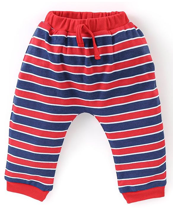Babyhug Cotton Full Length Diaper Pants Stripes &  Text Print Pack Of 3- Red & Blue
