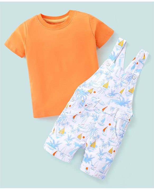 Babyhug 100% Cotton Dungaree & Half Sleeves T-Shirt with Palms Trees & Boat Print - Orange & White