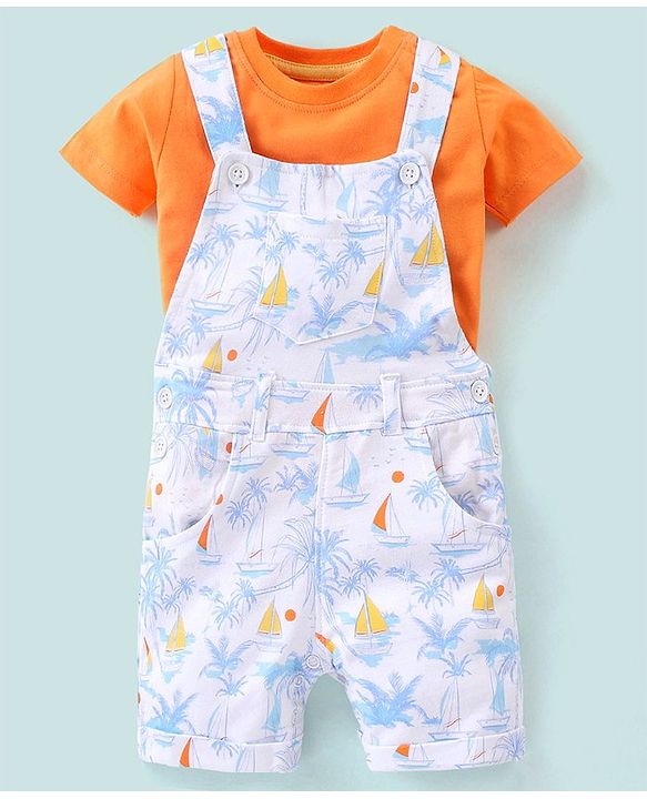 Babyhug 100% Cotton Dungaree & Half Sleeves T-Shirt with Palms Trees & Boat Print - Orange & White