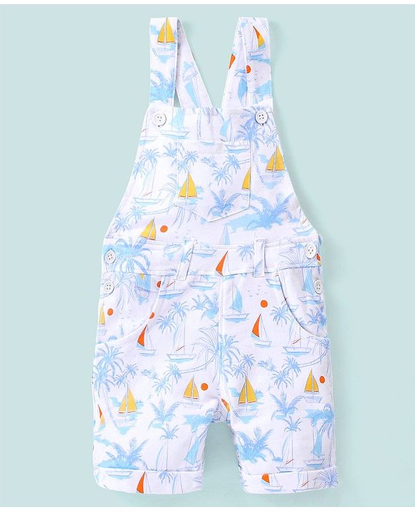 Babyhug 100% Cotton Dungaree & Half Sleeves T-Shirt with Palms Trees & Boat Print - Orange & White