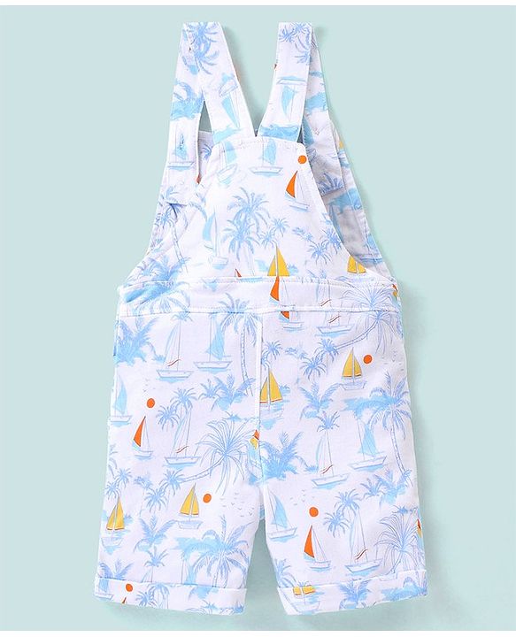 Babyhug 100% Cotton Dungaree & Half Sleeves T-Shirt with Palms Trees & Boat Print - Orange & White