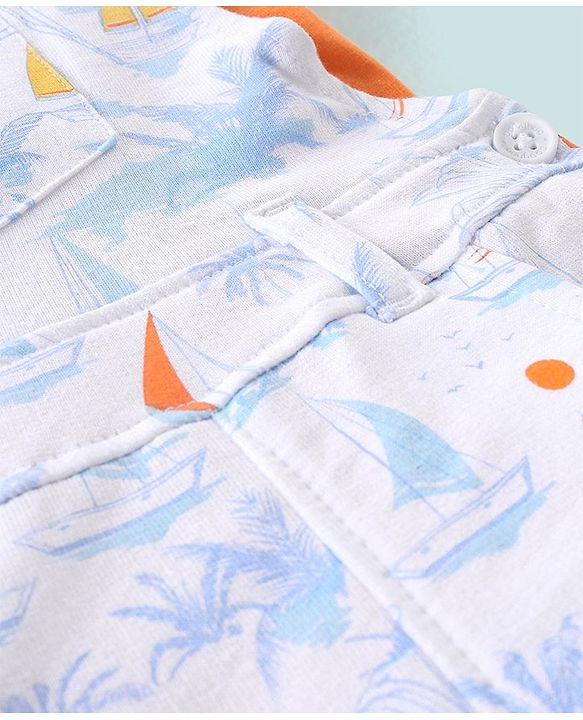 Babyhug 100% Cotton Dungaree & Half Sleeves T-Shirt with Palms Trees & Boat Print - Orange & White