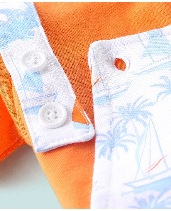 Babyhug 100% Cotton Dungaree & Half Sleeves T-Shirt with Palms Trees & Boat Print - Orange & White