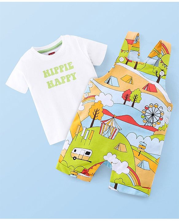 Babyhug 100% Cotton Knit Half Sleeves T-Shirt & Dungaree Set Tent Print - White & Green