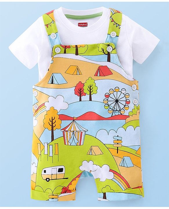 Babyhug 100% Cotton Knit Half Sleeves T-Shirt & Dungaree Set Tent Print - White & Green