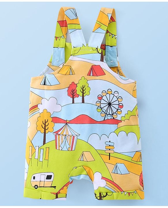 Babyhug 100% Cotton Knit Half Sleeves T-Shirt & Dungaree Set Tent Print - White & Green