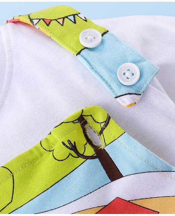 Babyhug 100% Cotton Knit Half Sleeves T-Shirt & Dungaree Set Tent Print - White & Green