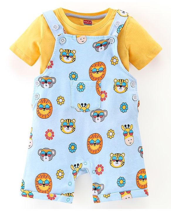 Babyhug 100% Cotton Half Sleeves Tee & Dungaree Set Lion & Text Print- Yellow & Blue
