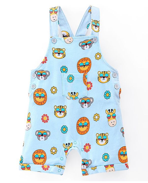Babyhug 100% Cotton Half Sleeves Tee & Dungaree Set Lion & Text Print- Yellow & Blue