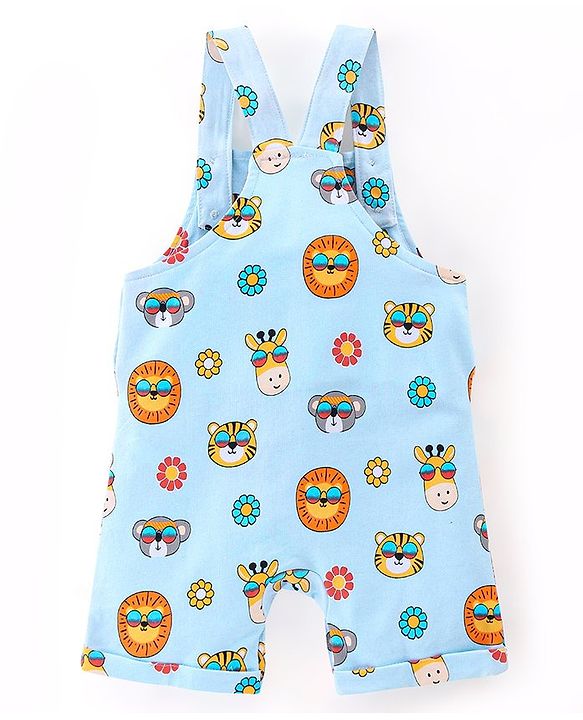 Babyhug 100% Cotton Half Sleeves Tee & Dungaree Set Lion & Text Print- Yellow & Blue