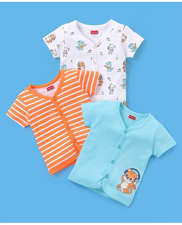 Babyhug 100% Cotton Half Sleeves Vests Stripes & Panda Print Pack of 3 - Turquoise Orange & White