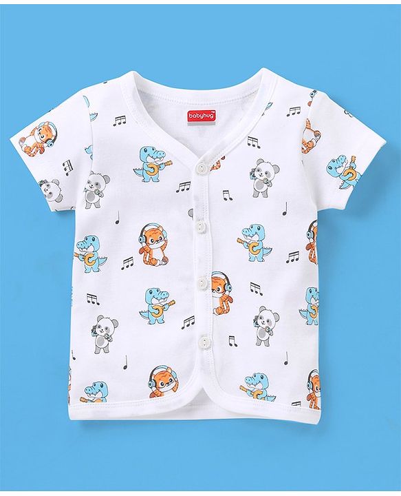 Babyhug 100% Cotton Half Sleeves Vests Stripes & Panda Print Pack of 3 - Turquoise Orange & White
