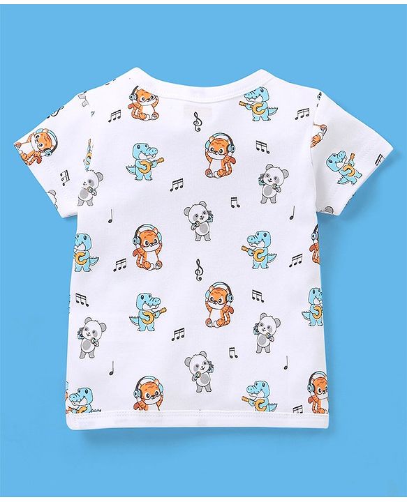 Babyhug 100% Cotton Half Sleeves Vests Stripes & Panda Print Pack of 3 - Turquoise Orange & White