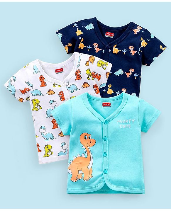 Babyhug 100% Cotton Knit Half Sleeves Set of Vests Dino Print Pack of 3 - Multicolor