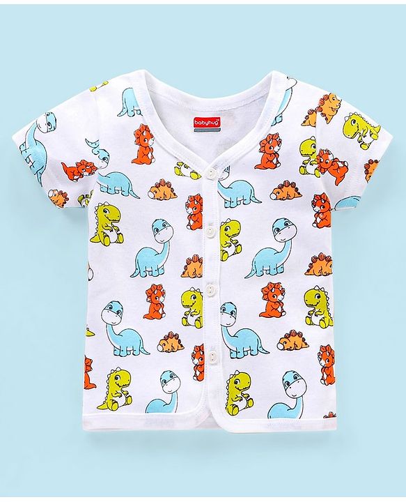 Babyhug 100% Cotton Knit Half Sleeves Set of Vests Dino Print Pack of 3 - Multicolor