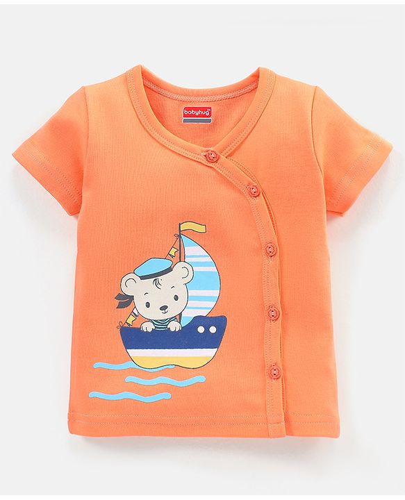 Babyhug 100% Cotton Vests Striped & Boat Print Pack of 3 - Orange Blue & White