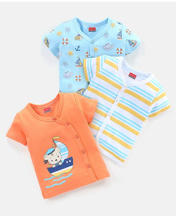 Babyhug 100% Cotton Vests Striped & Boat Print Pack of 3 - Orange Blue & White