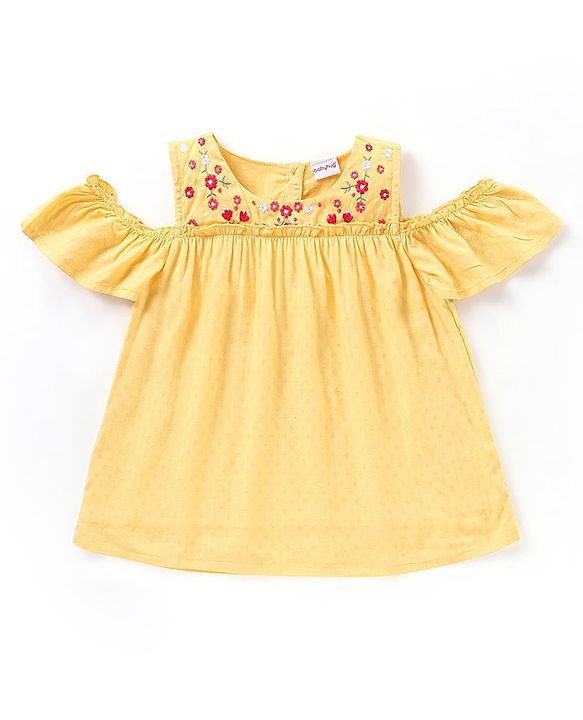 Babyhug Rayon Half Sleeves Top With Embroidery & Frill Detailing - Yellow