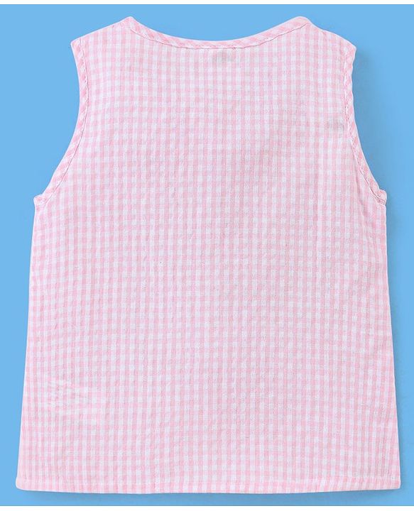 Babyhug Cotton Sleeveless Seer Sucker Checked Woven Top With Frill Detailing- Pink