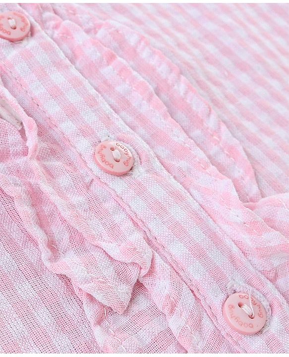 Babyhug Cotton Sleeveless Seer Sucker Checked Woven Top With Frill Detailing- Pink