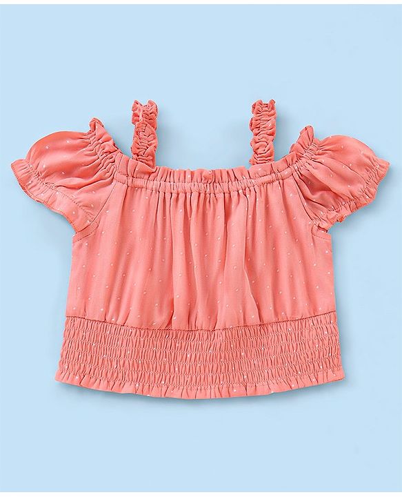 Babyhug Rayon Half Sleeves Top With With Smocking & Frill Detailing - Peach