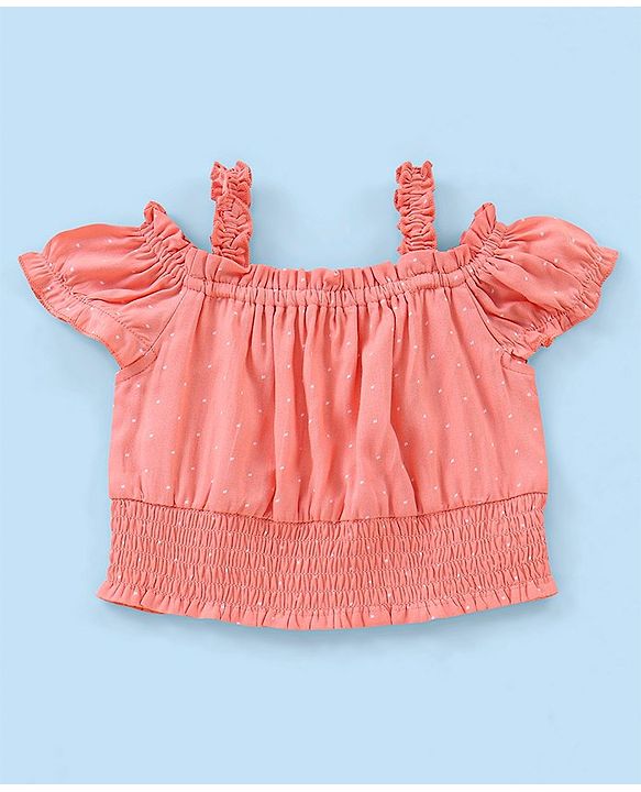 Babyhug Rayon Half Sleeves Top With With Smocking & Frill Detailing - Peach