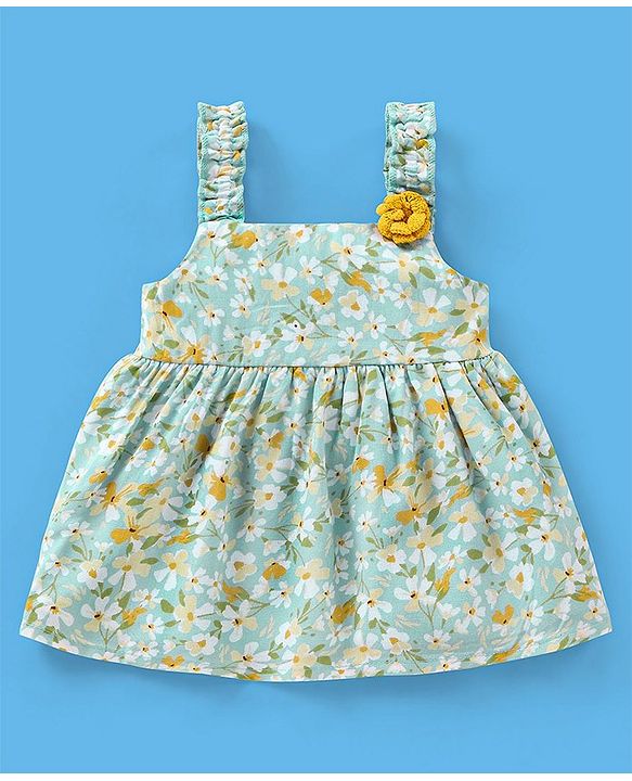 Babyhug 100% Rayon Singlet Sleeves Top With Smocking & Corsage Detailing Floral Print - Mint