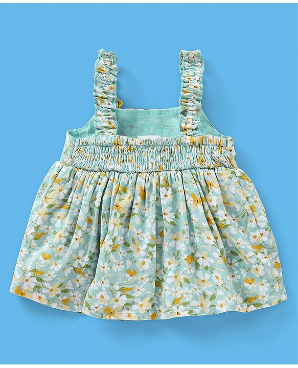Babyhug 100% Rayon Singlet Sleeves Top With Smocking & Corsage Detailing Floral Print - Mint