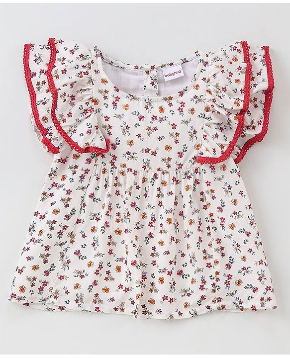 Babyhug Rayon Woven Flutter Sleeves Tunic Top Floral Print with Lace & Frill Detail - Off White